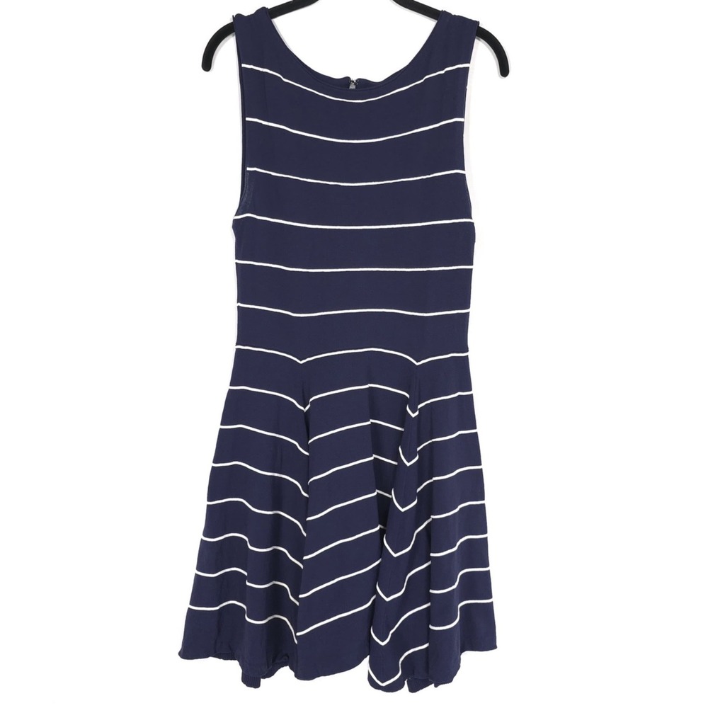 ALICE + OLIVIA Navy Striped Knit Flare Dress‎ Sleeveless Zip Back LARGE